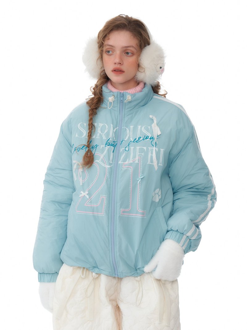 ziziFei秋冬新款美式復古設計感天藍色運動風加厚棉衣棉服外套女 - 女上衣/長袖上衣 - 其他材質 藍色