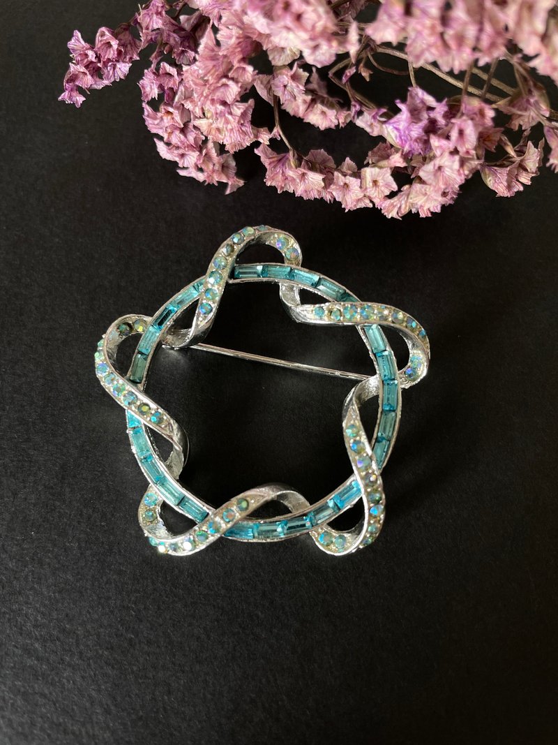 老又好古董珠寶 銀色萊茵石藍色雙圈星形別針胸針B816 - 胸針 - 其他金屬 金色