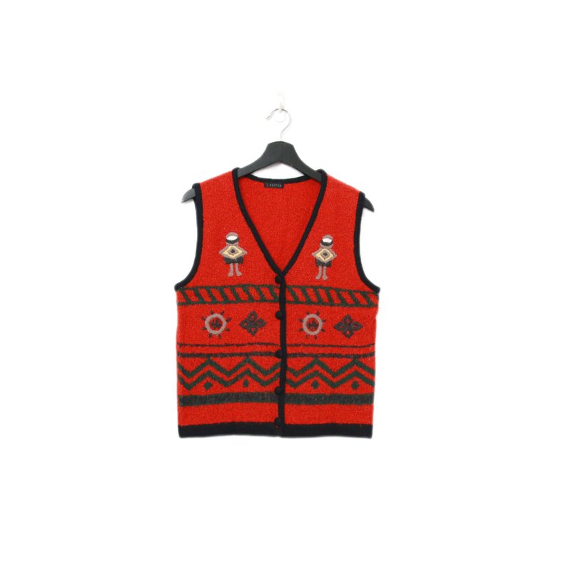 Back to Green-復古毛料背心 正紅圖騰 v-01/sweater vest - 背心/無袖上衣 - 羊毛