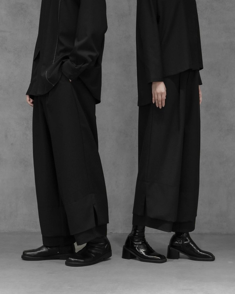 MUKK DESIGN 雙層開衩剪接寬褲 - 中性長褲/短褲 - 聚酯纖維 黑色