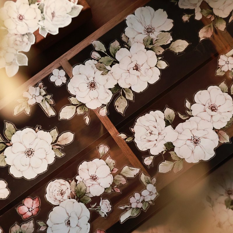 壹洱文創新品切模【月光薔薇】輕復古和紙膠帶花卉手賬PET貼紙 - 紙膠帶/和紙/PET - 其他材質 粉紅色