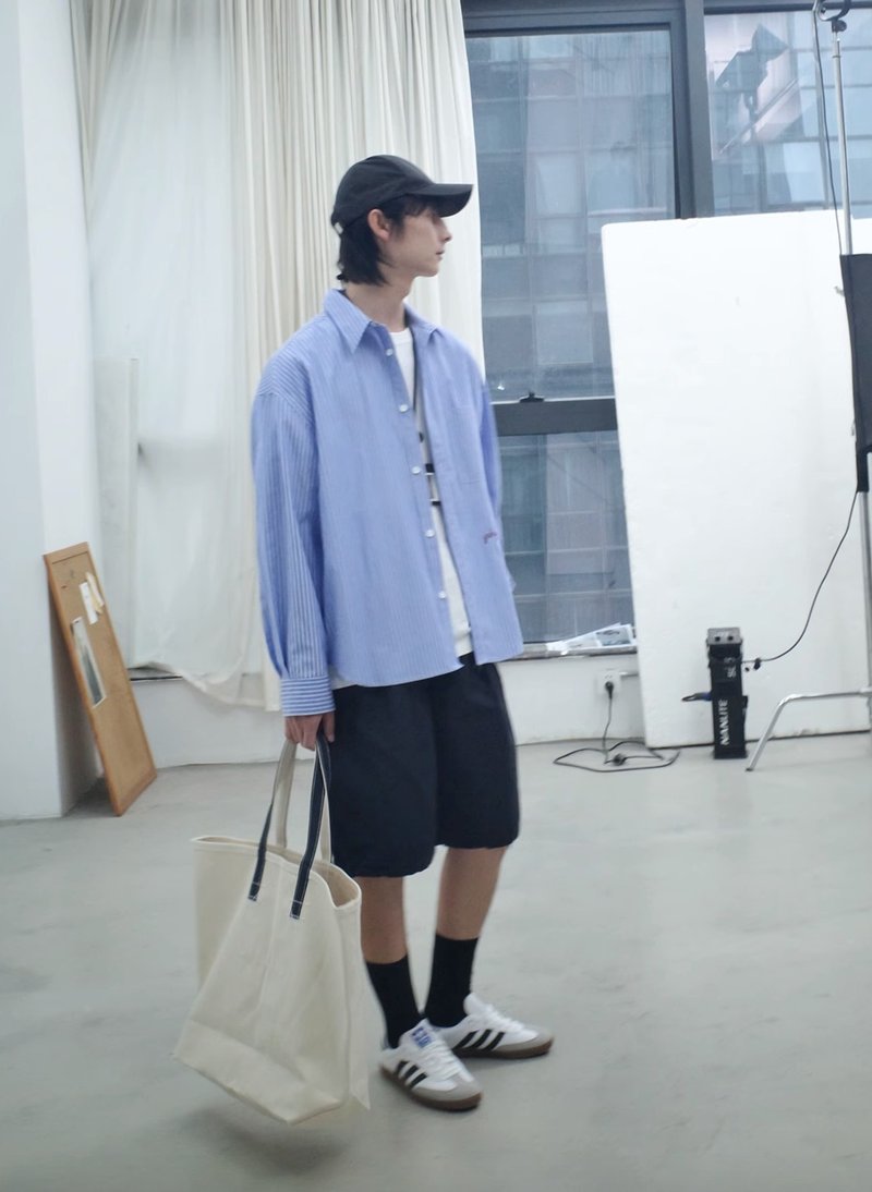 門前的風 日系復古條紋長袖襯衫 - 男襯衫/休閒襯衫 - 其他材質 藍色