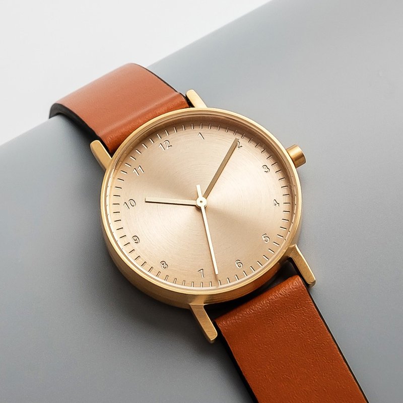 BIJOUONE彼樹灣 B60系列 金色表殼 金色表盤 黃棕色真皮表帶手錶 - 男錶/中性錶 - 不鏽鋼 金色