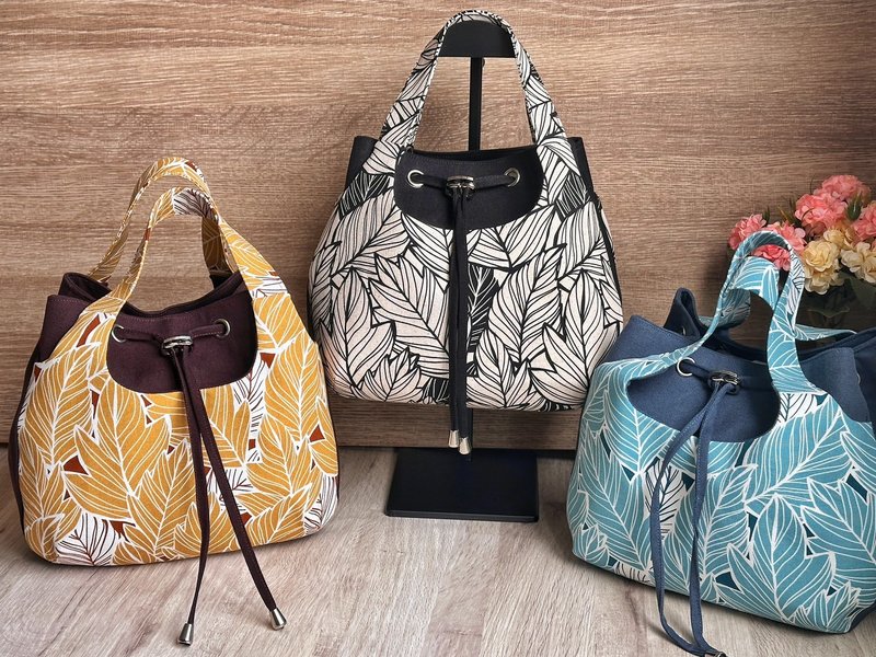 葉影森語 澎澎手提抽繩包 可客製布料挑選 - 手提包/手提袋 - 棉.麻 多色