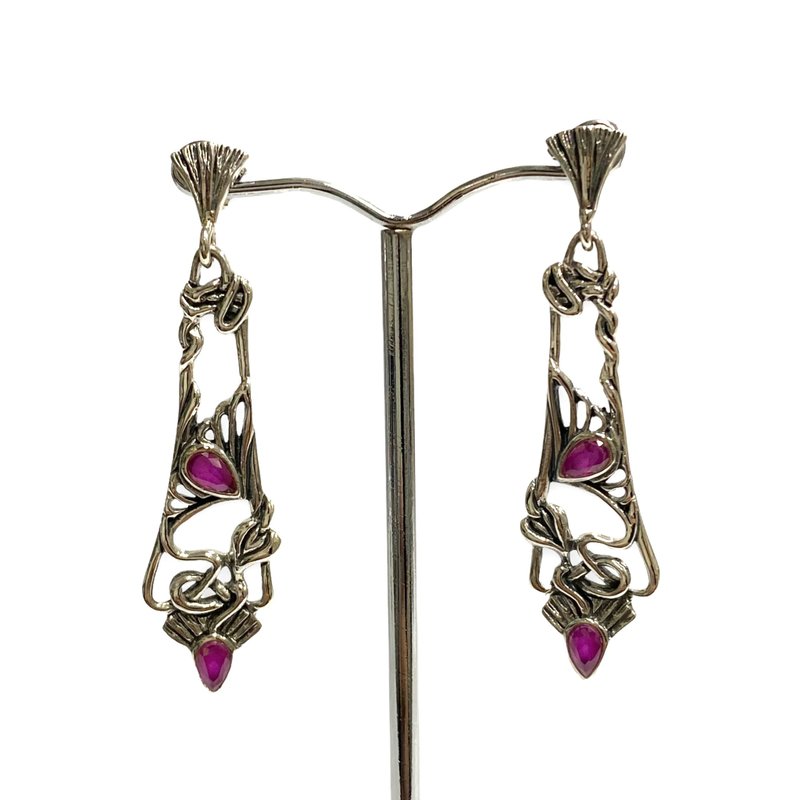 Art Nouveau Style Ruby Stone Set Pendant and Earrings 925 Sterling Silver - 耳環/耳夾/耳骨夾 - 純銀 紅色