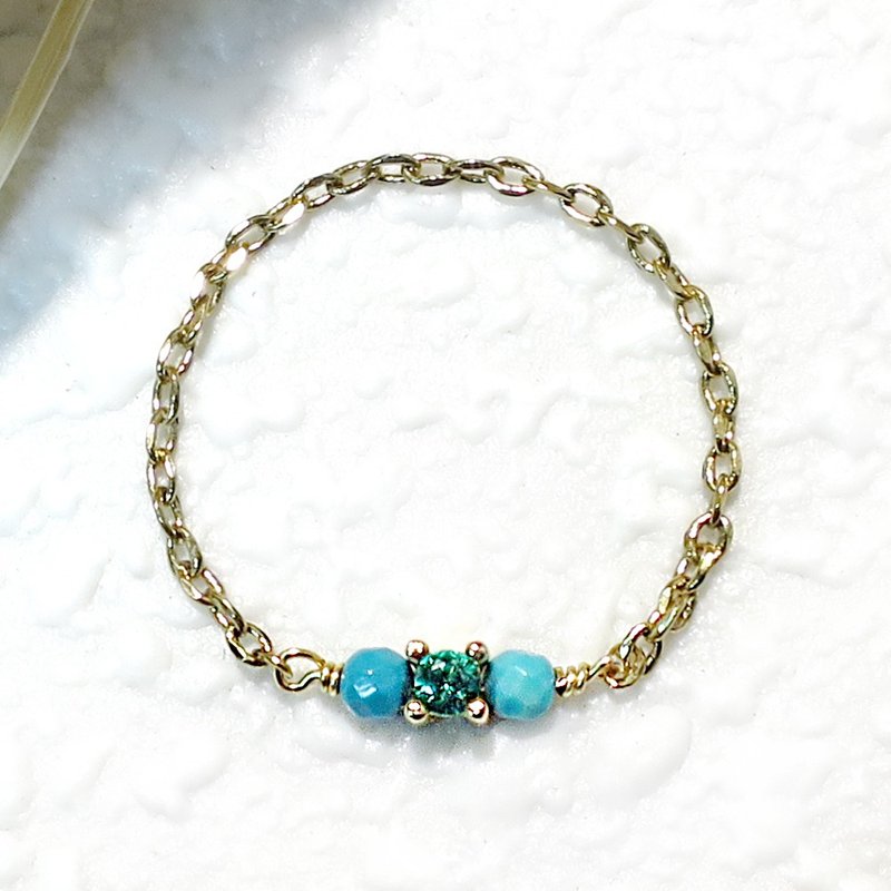 VIIART。淡藍沙灣。Vintage複古金藍松石鋯石鍊戒指 - 戒指 - 珍珠 藍色