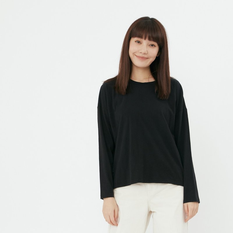 素面長袖落肩蜜桃棉女T - 女 T 恤 - 棉.麻 黑色