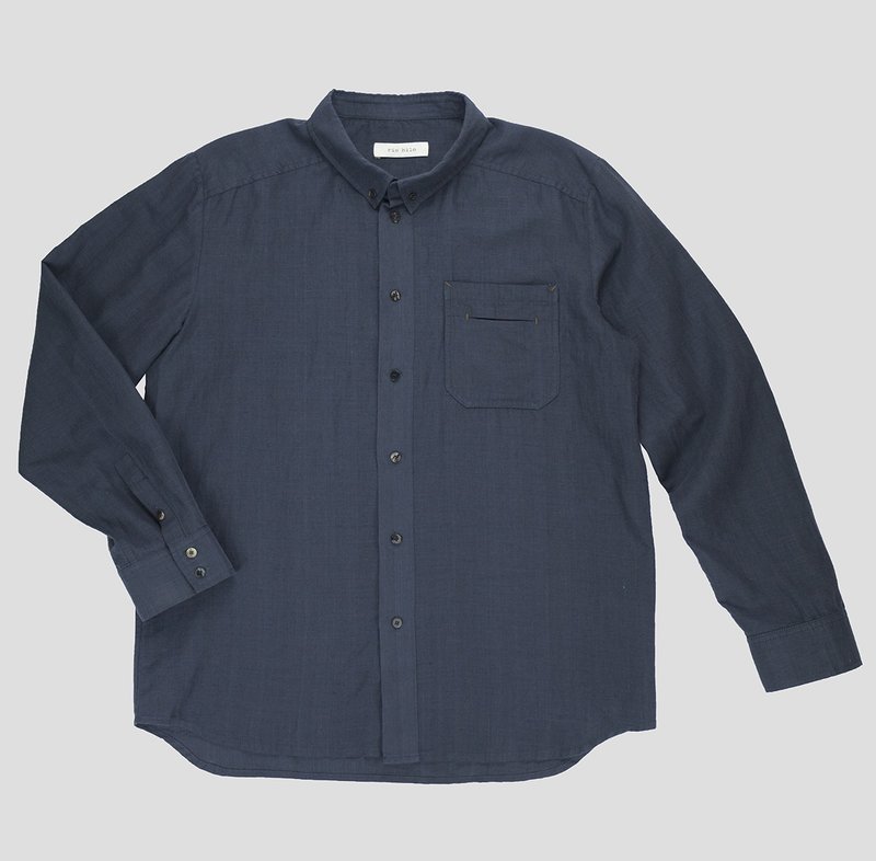 灰藏青真絲亞麻長袖襯衫 - 男襯衫/休閒襯衫 - 絲.絹