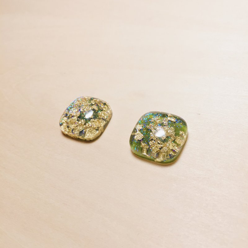 Vintage Green Square Gold Foil Bright Pink Earrings
