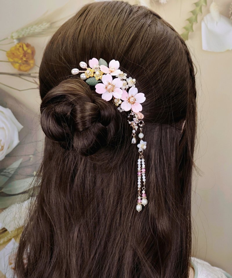 檸檬手作髮飾 天然女皇貝緋寒櫻髮釵/髮夾  (流蘇可拆) - 髮夾/髮圈 - 貝殼 粉紅色