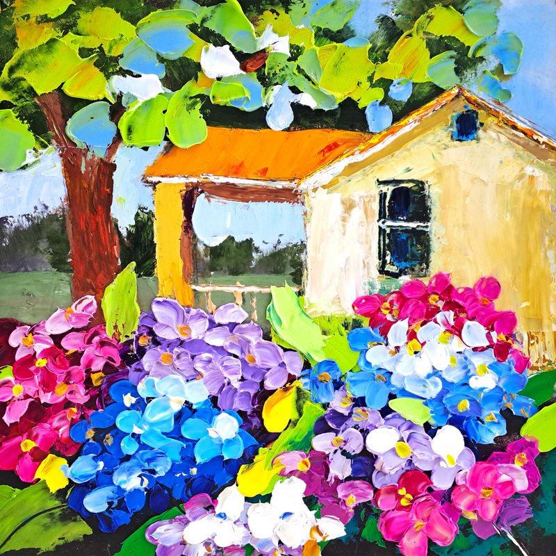 Hydrangea Painting Kentucky Original Art Landscape Impasto Oil Painting Floral - 海報/掛畫/掛布 - 其他材質 多色