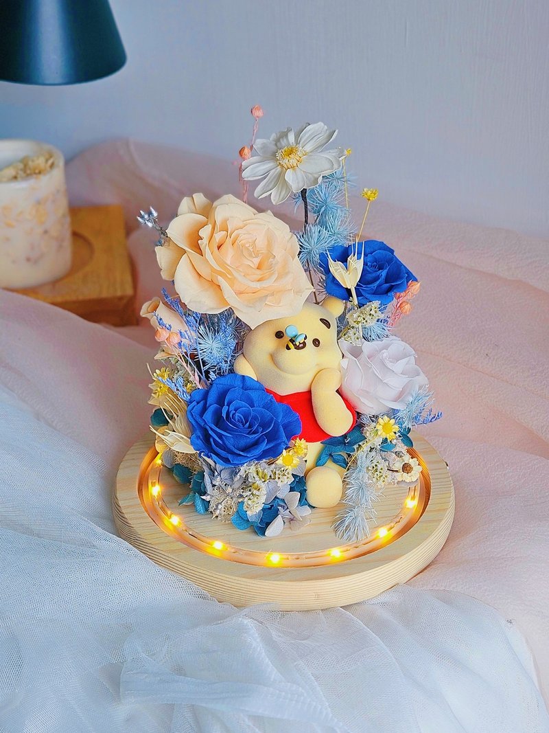 【日本永生花】玻璃夜燈罩 客製化禮物 可加入公仔 維尼熊 不凋花 - 乾燥花/永生花 - 植物.花