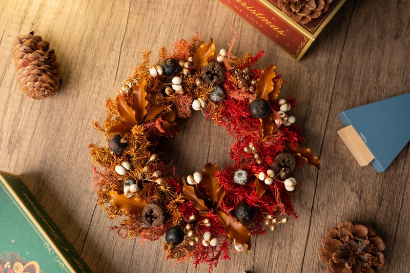 【聖誕裝飾x交換禮物】 永生雪松聖誕花圈 20cm - 乾燥花/永生花 - 植物.花 橘色