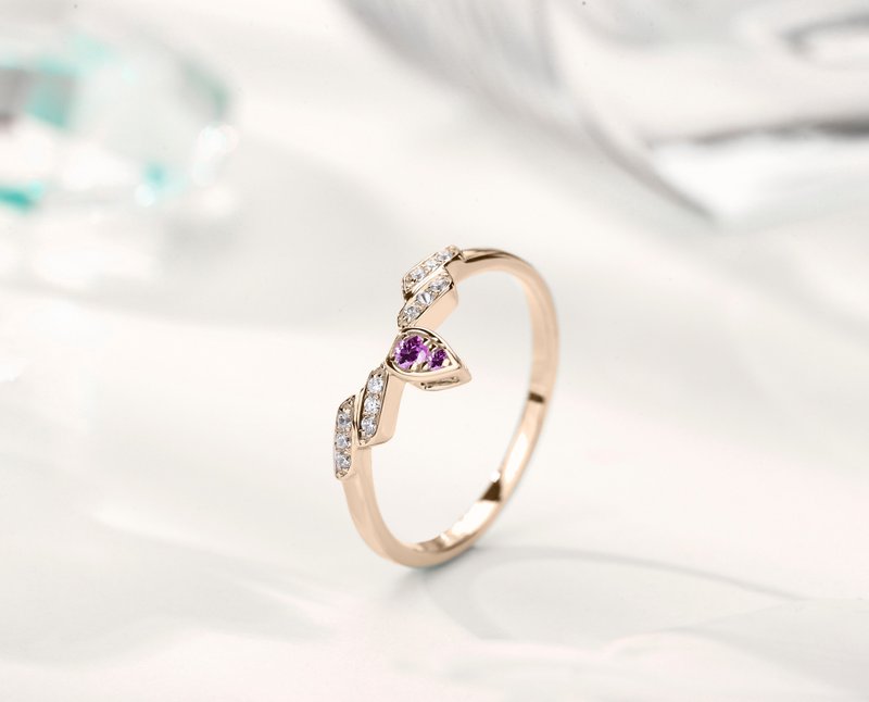 紫水晶14k鑽石梨形訂婚戒指 水滴形求婚結婚鑽戒 翅膀聖甲蟲造型 - 戒指 - 貴金屬 紫色