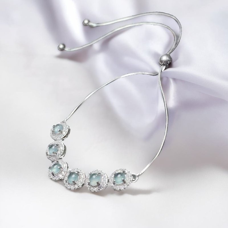 高冰種天空藍翡翠蛋面手鍊 925純銀 | 天然翡翠A貨 | 送禮 - 手鍊/手環 - 玉石 綠色