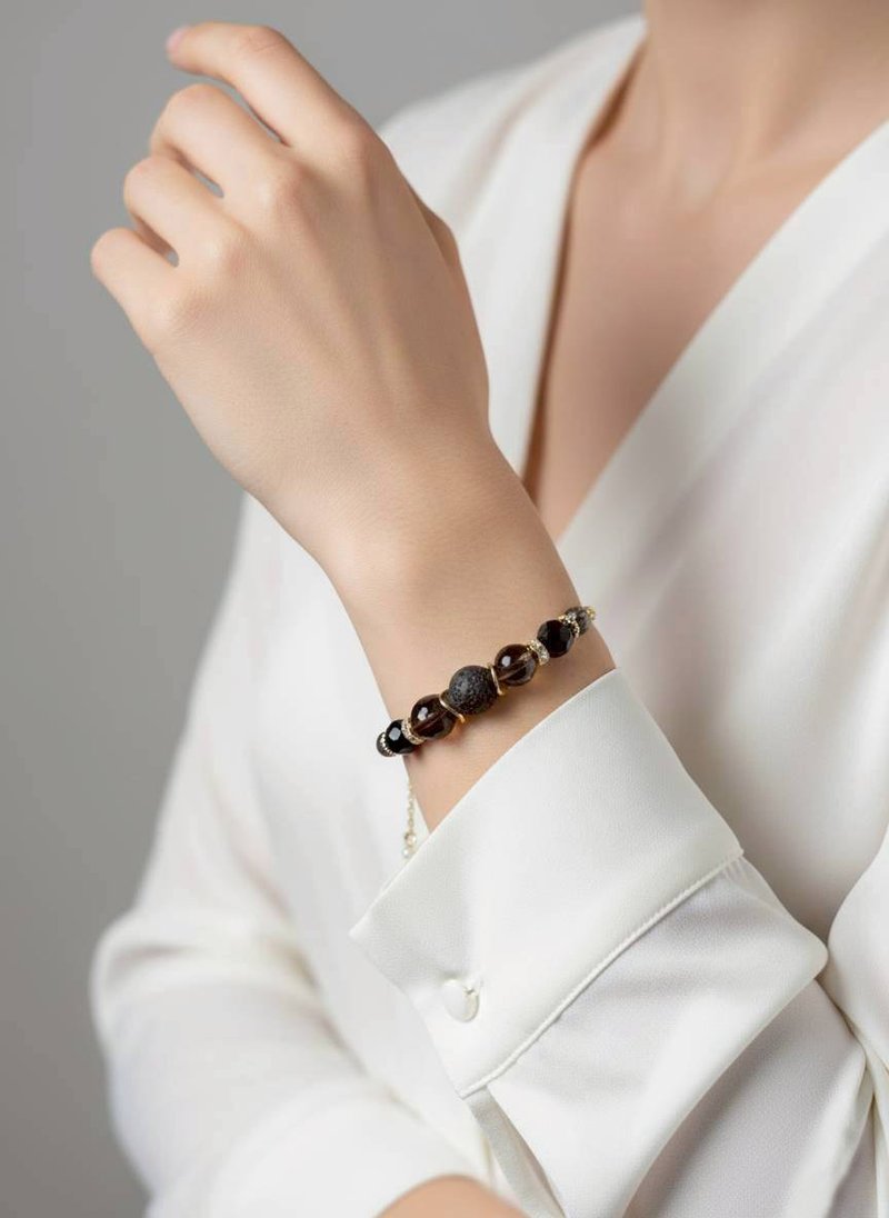 生命靈數8號 開運手鍊 | 黑髮晶×天然石 | 黑金能量與力量象徵 - 手鍊/手環 - 半寶石 黑色
