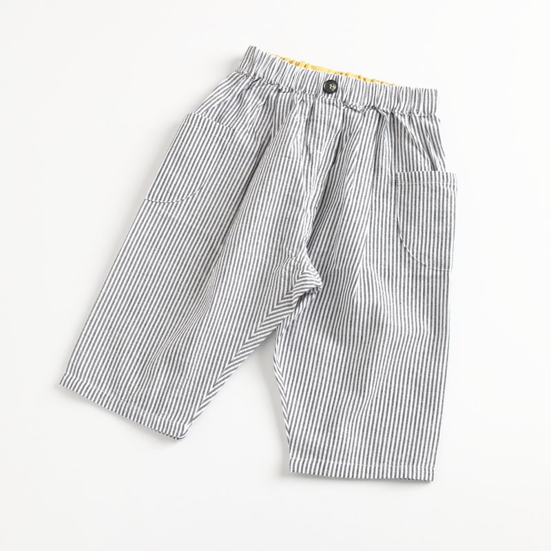【出清優惠】條紋七分褲 - 男/女童長褲/短褲 - 棉.麻 黑色