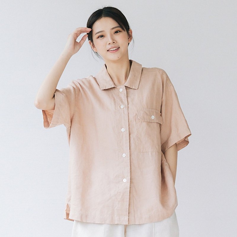 【Simply Yours】率性亞麻口袋襯衫 粉F - 女襯衫 - 棉.麻 粉紅色