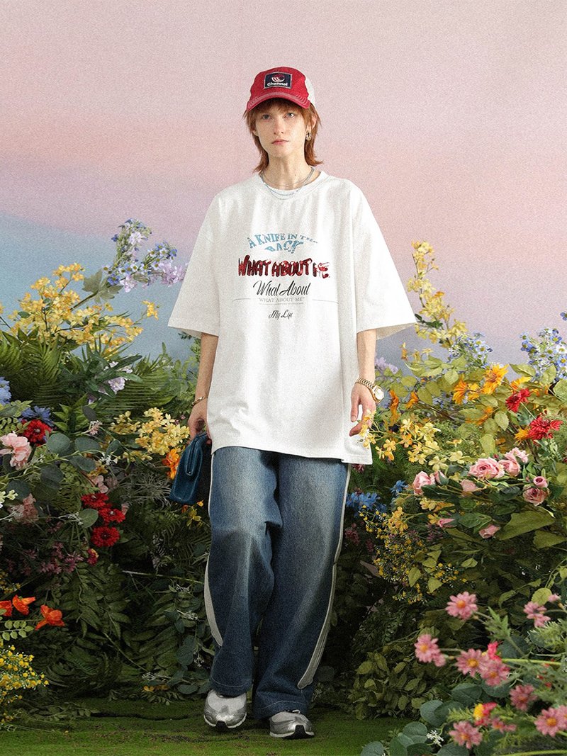 UNVESNO閃閃物語主題珠片繡印花短袖國潮牌男女字母T恤 SWS-1511 - 帽T/大學T - 棉.麻 藍色