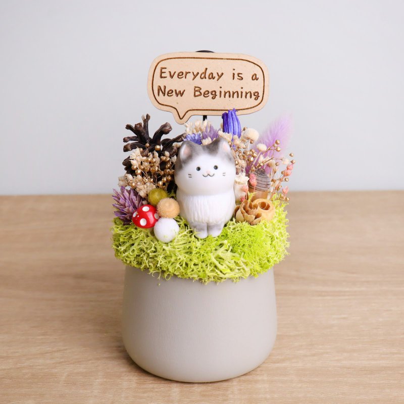 白底虎斑貓 乾燥花盆栽 客製化字牌 可夾卡片 聖誕 耶誕 交換禮物 - 乾燥花/永生花 - 木頭 灰色