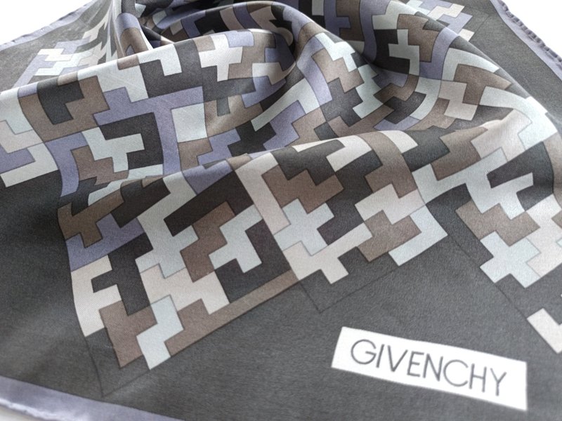 Vintage Givenchy Silk Scarf, 20 x 20 inches, Geometric, 100% Silk, Holiday Gif - 絲巾 - 絲.絹 灰色