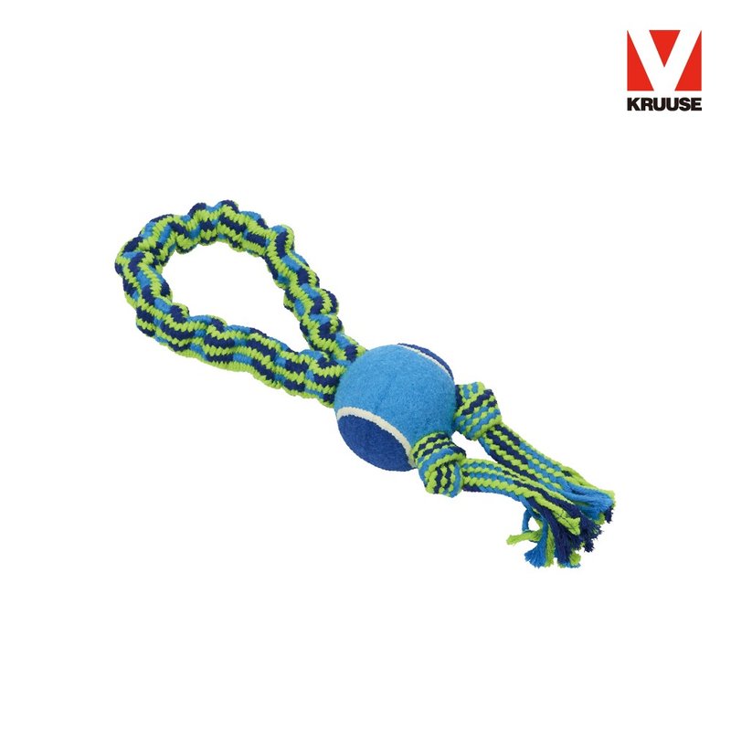 KRUUSE 蹦極彩色彈力咬繩玩具 - 雙繩帶球款 - 貓/狗玩具 - 棉.麻 藍色