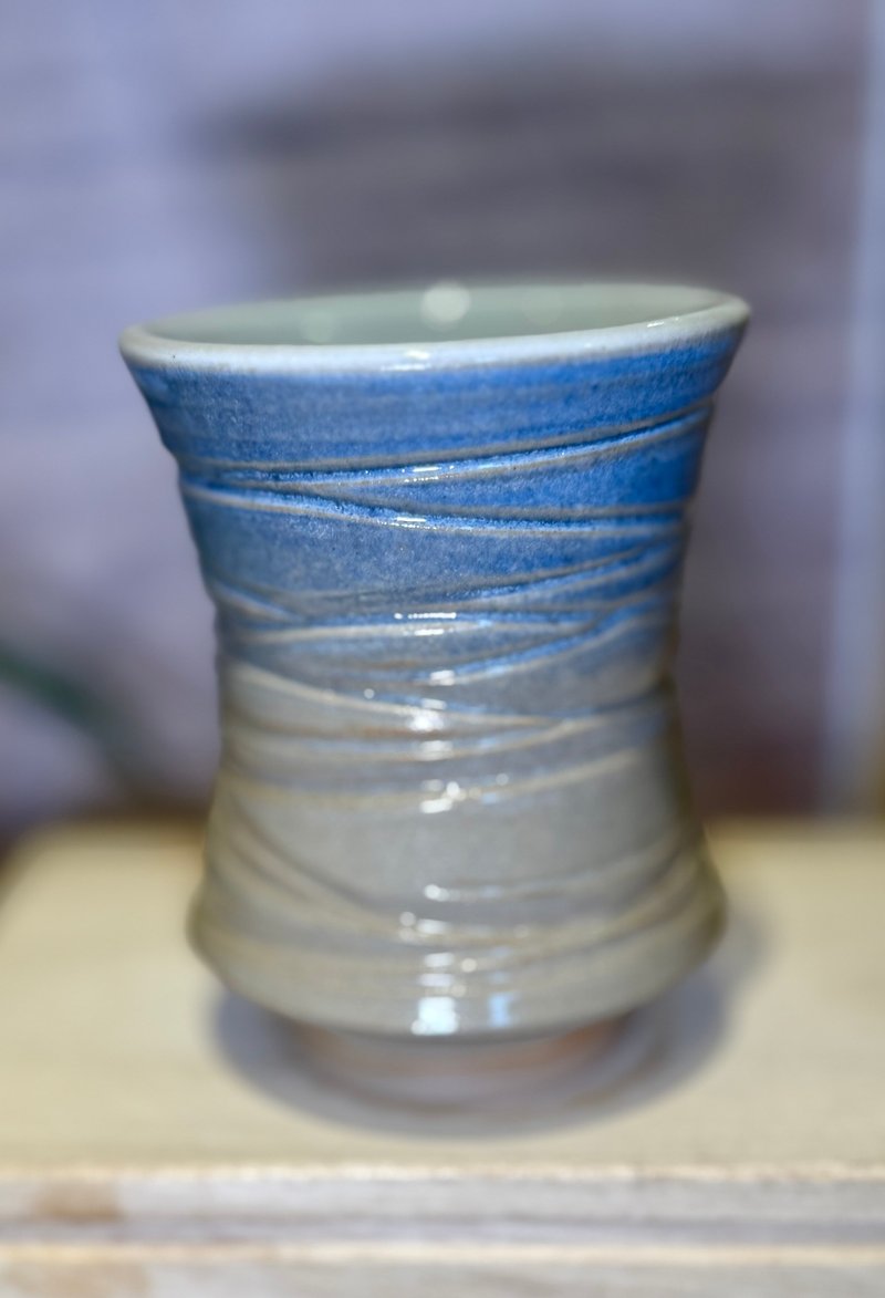 手感線條青灰 釉彩杯 - 茶壺/茶杯/茶具 - 陶