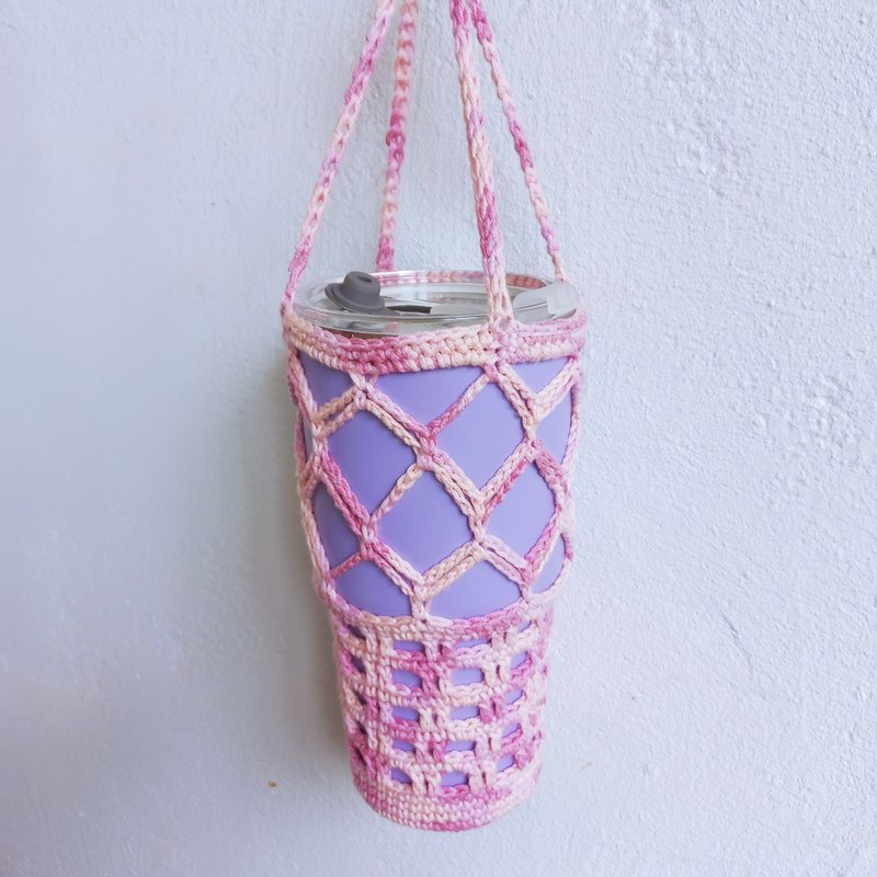 實底格紋網狀編織杯袋 純棉 杯套 飲料袋 杯袋 水壺袋 - 飲料提袋/杯套 - 棉.麻 多色