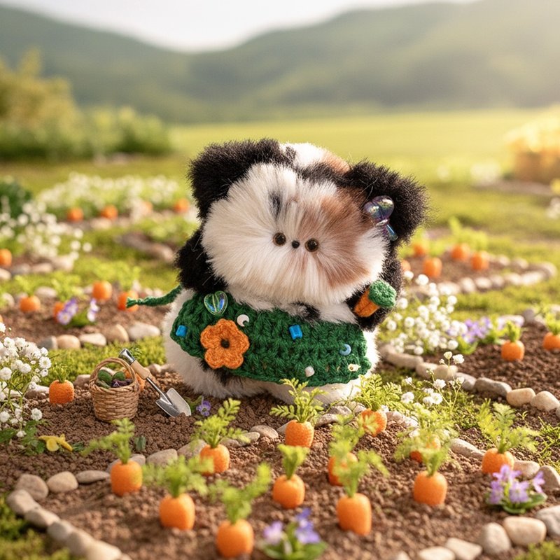 Calico Cat Keychain with Carrot Hat & Flower Apron – Cute Crochet Kitty Doll - 鑰匙圈/鑰匙包 - 其他材質 橘色