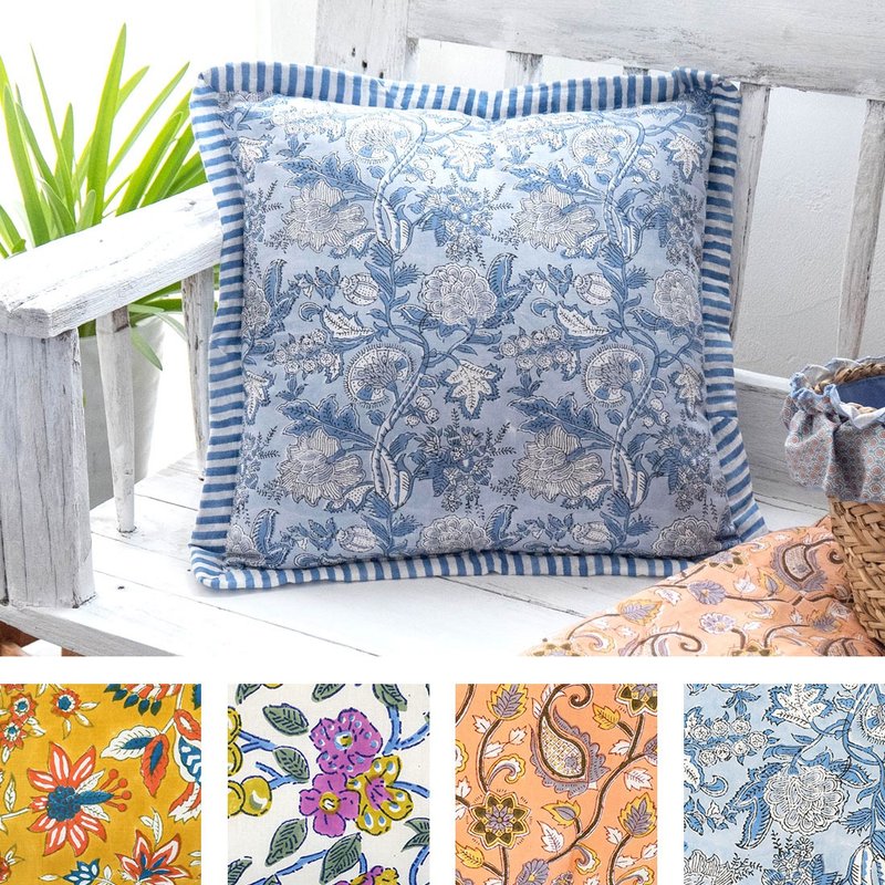 【預訂】印度製 木版印刷植物圖案咕𠱸 - 枕頭/抱枕 - 棉.麻 藍色