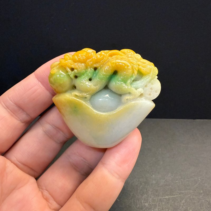 瀚玉珠寶 天然A貨翡翠 三彩龍咬珠元寶 緬甸玉小擺件 老三彩 招財 - 其他 - 玉石