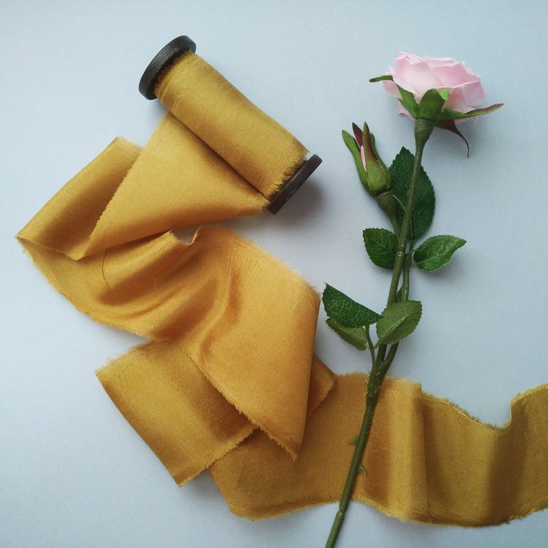 Mustard Silk Ribbon / Hand Dyed Silk Ribbon on Wooden Spool - 包裝材料/包裝紙 - 絲.絹 黃色