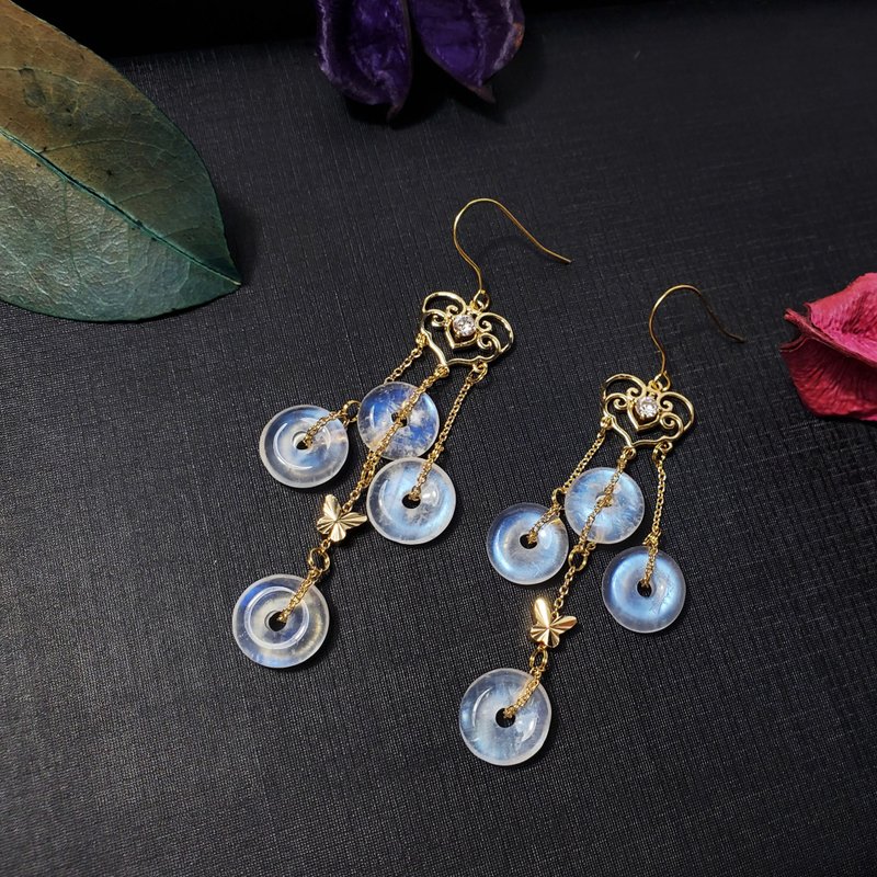 天然 頂級 藍月光石 古錢 平安扣 八方來財 富貴 招財 耳環 單品 - 耳環/耳夾/耳骨夾 - 寶石 藍色