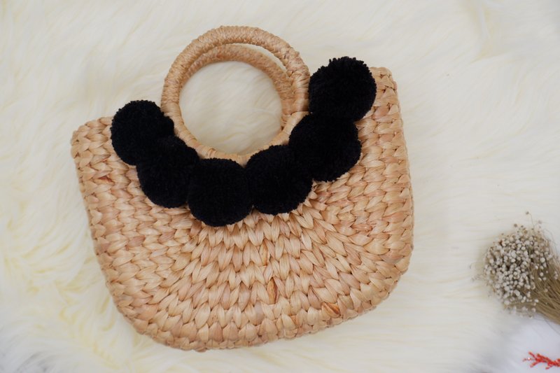 Woven bag with pom poms, handbag, wedding gift bag for the beach women