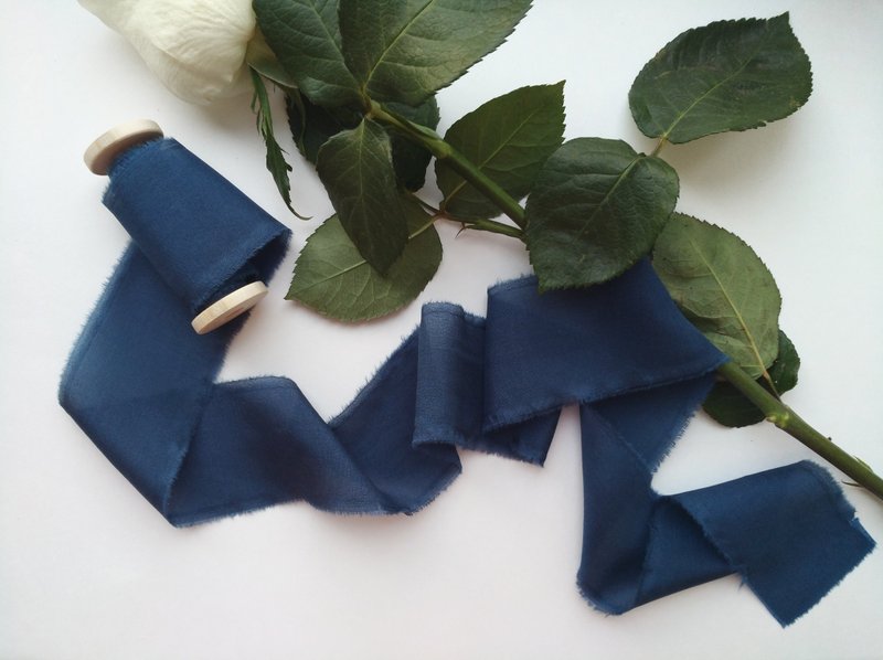Navy Silk Ribbon / Hand Dyed Silk ribbon on Wood Spool - 包裝材料/包裝紙 - 絲.絹 藍色