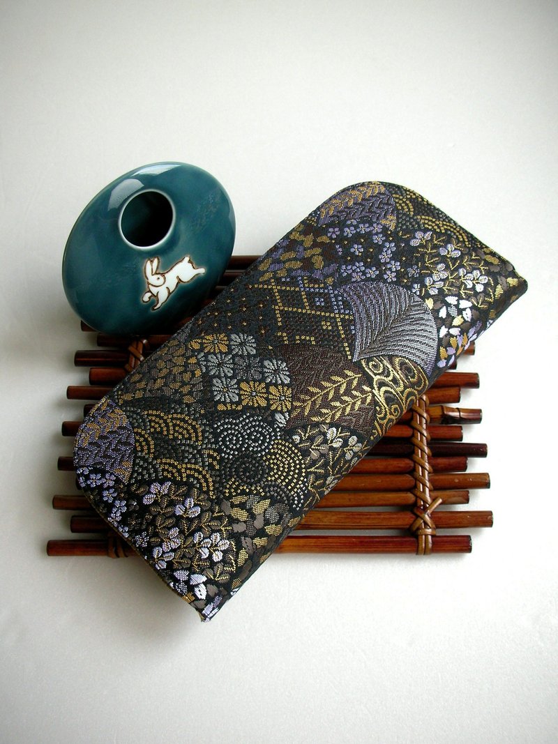 京西陣金襴錦織【墨境花傘/碧綠花傘】-長夾/皮夾/零錢包/禮物 - 錢包/皮夾/長短夾 - 絲.絹 黑色