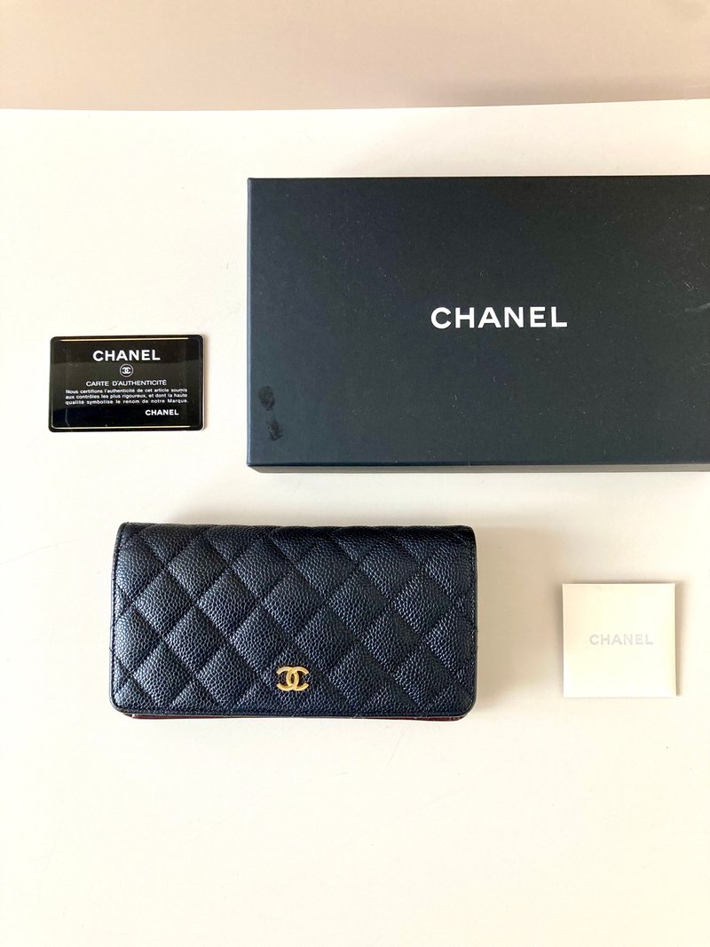 全套配件 Chanel中古黑色金標魚子醬皮革長夾 錢包 二手皮夾 手袋 - 錢包/皮夾/長短夾 - 真皮 黑色