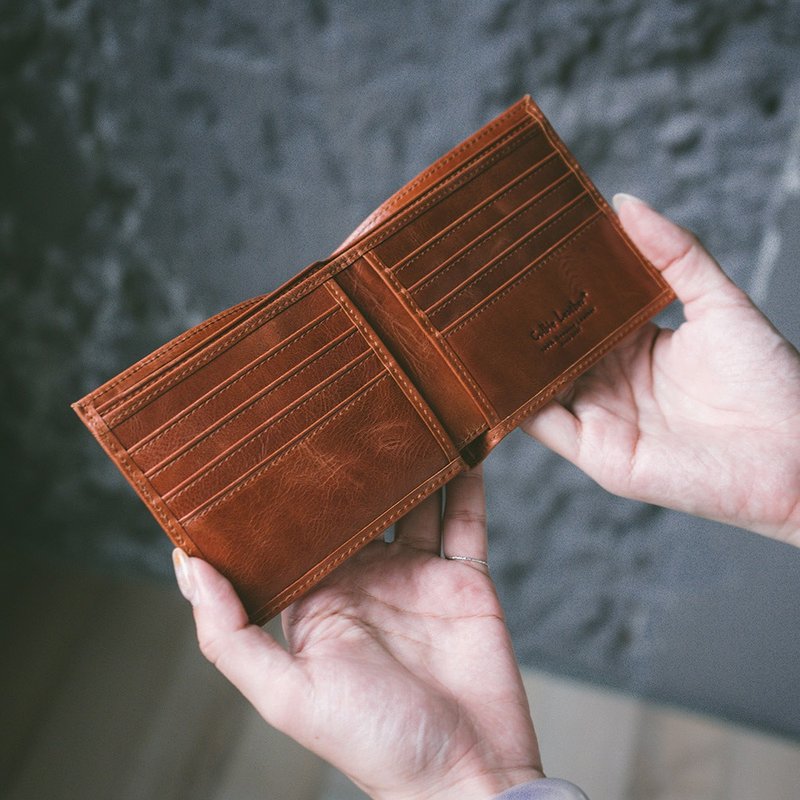 【禮盒】真皮簡約對折短夾 X832 油皮 - 錢包/皮夾/長短夾 - 真皮 橘色