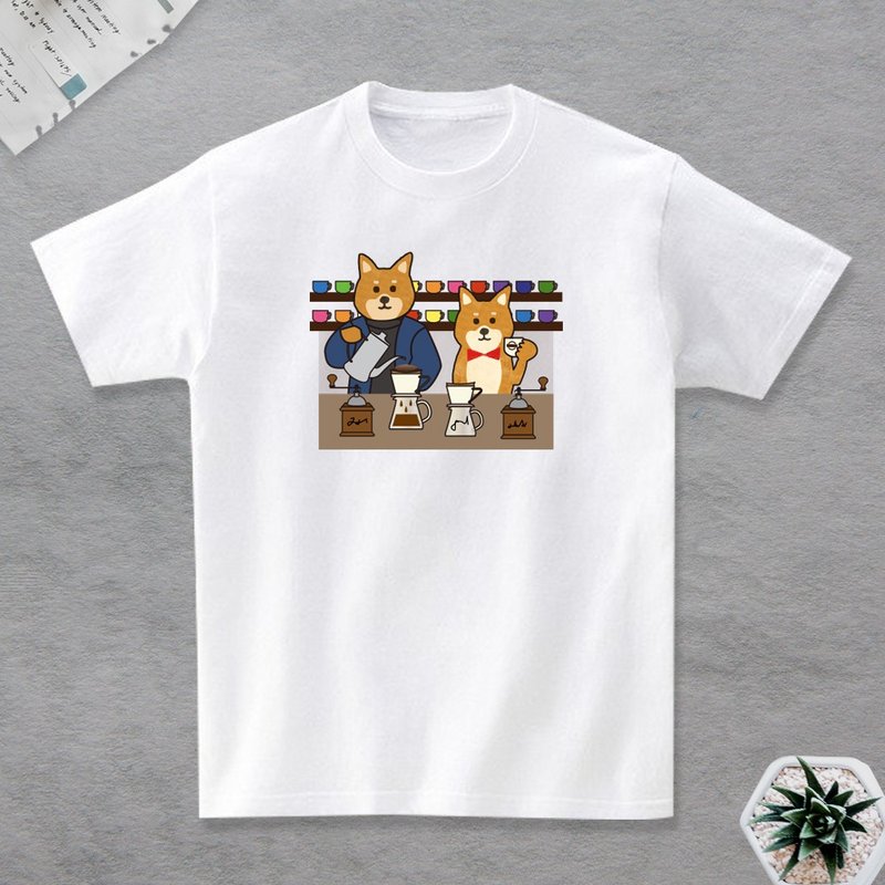 柴犬手沖咖啡T恤 - 男 T 恤 - 棉.麻 白色