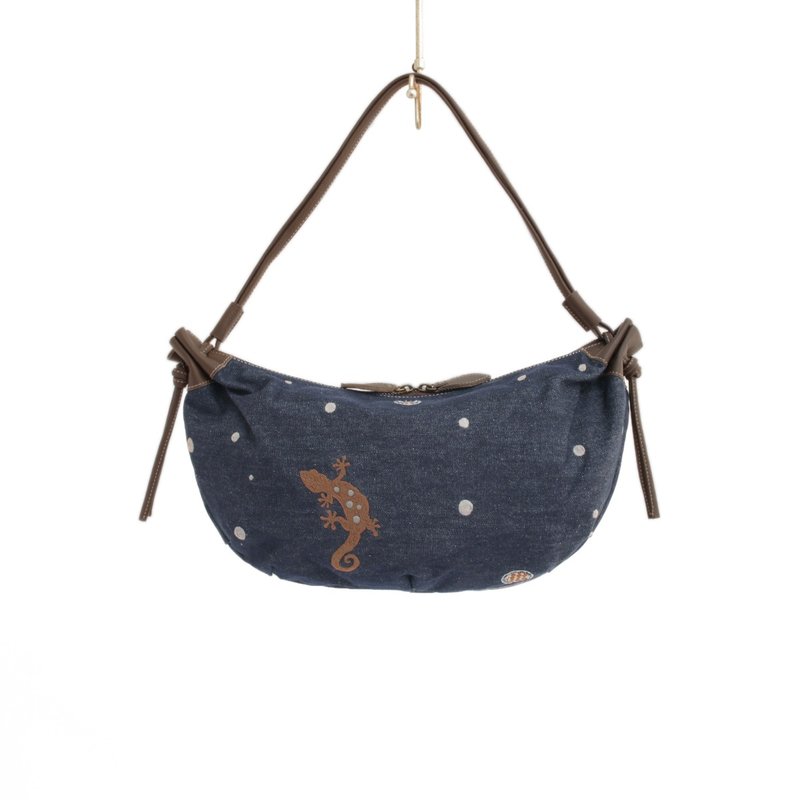 ヤモリ刺繍・クロワッサンバッグ - 側背包/斜背包 - 真皮 藍色