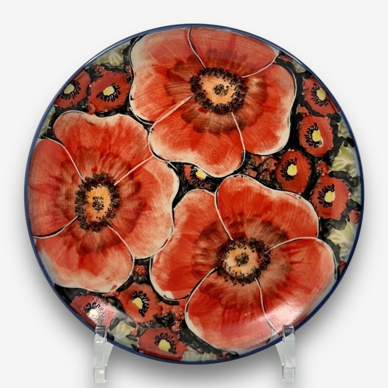 波蘭手繪手工陶-圓盤 19cm 赤霞花語系列 - 盤子/餐盤/盤架 - 陶 紅色