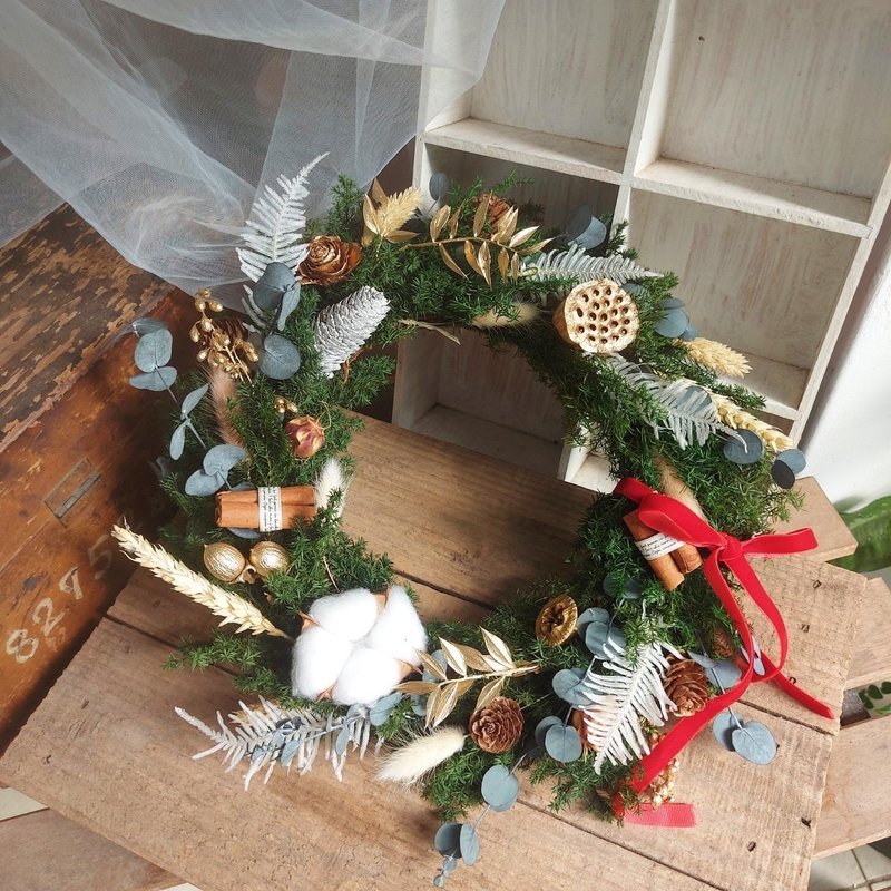 Hello Green W020閃耀永生聖誕花圈 2023聖誕 佈置 乾燥花圈 雪松 - 乾燥花/永生花 - 植物.花 多色