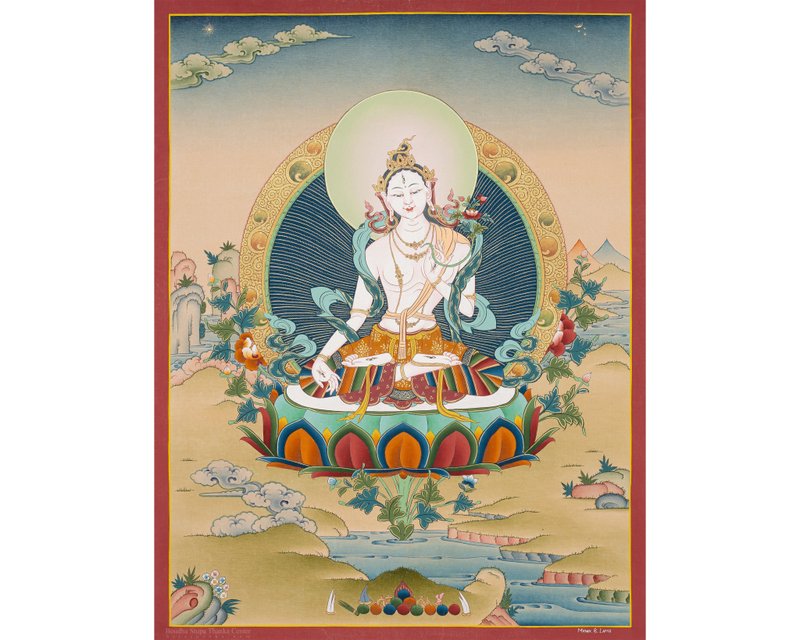 優雅的白度母唐卡 永恆的藏傳藝術 精神之美 - 壁貼/牆壁裝飾 - 其他材質 多色