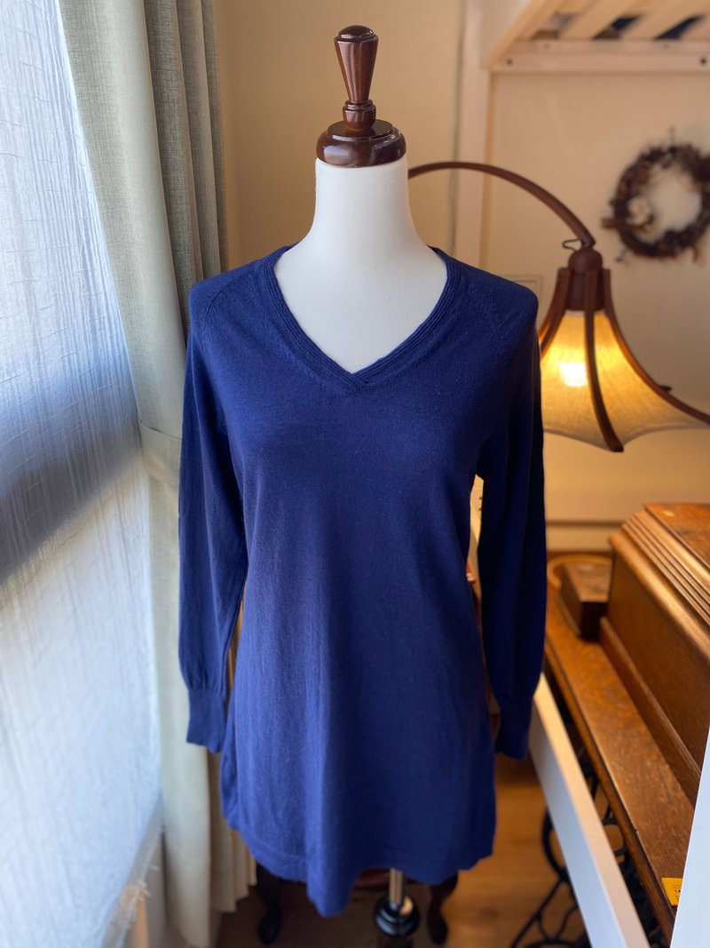 深藍針織古著長版毛衣 - 女毛衣/針織衫 - 羊毛 藍色