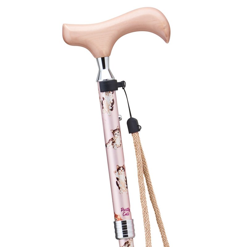 プリティキャッツ 猫柄 折りたたみアルミステッキ・ライトロゼ 75-85cm スリムネック 木製グリップ ストラップ 折りたたみホルダー - 其他 - 鋁合金 粉紅色