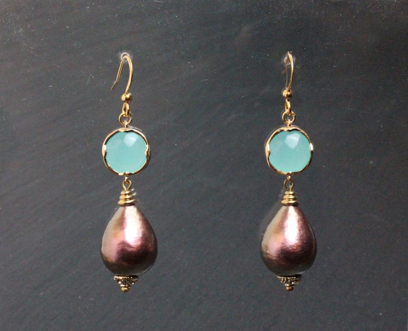 Purple Cotton Pearl Earrings Mint Green Drop Earrings Dangle Long Earrings - 耳環/耳夾/耳骨夾 - 珍珠 紫色