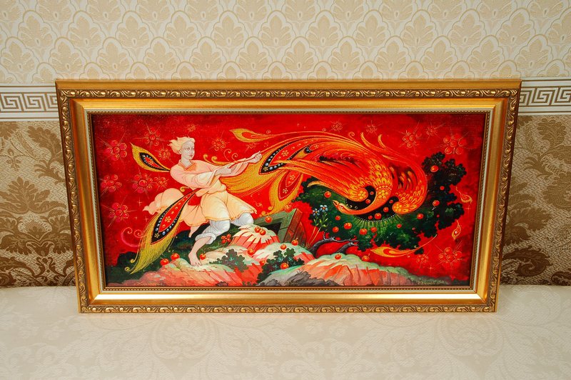 Firebird Wall Art canvas Fairy Tale Framed Hand-painted Russian lacquer box art - 壁貼/牆壁裝飾 - 其他材質 紅色