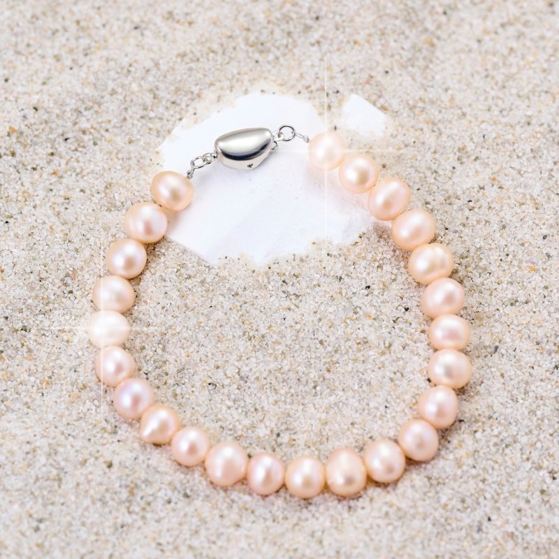 天然粉色淡水珍珠手鍊 8–9mm 銀色元寶扣 柔美優雅 感恩節禮物 - 手鍊/手環 - 珍珠