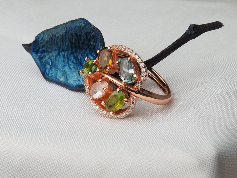 寶石系列 ||四季的葉子|| 925銀 彩石鑲鑽 - 戒指 - 銀 多色