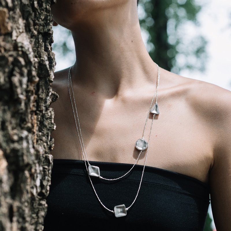 2 tiered handmade silver necklace with hollow silver geometric beads (N0003) - 項鍊 - 銀